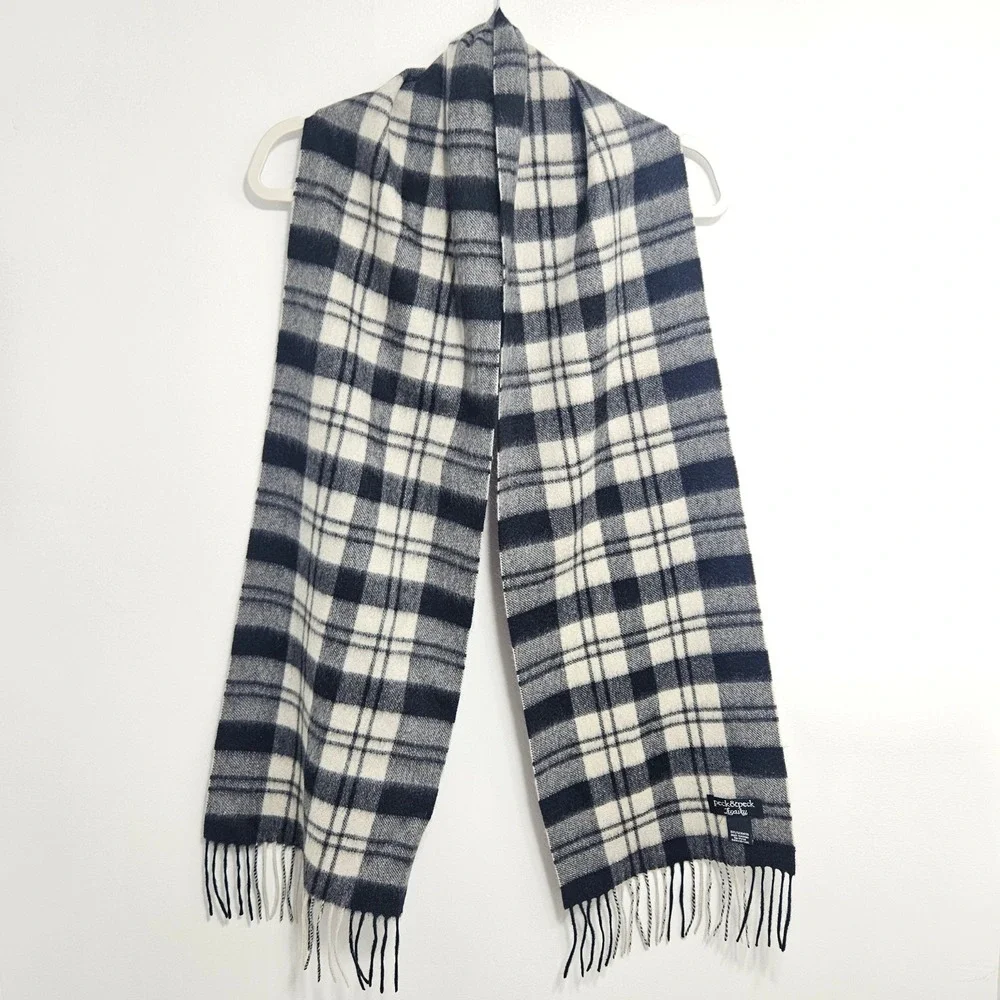 Peck & Peck‎ Cashmere Scarf Luxury Cozy Plaid Check Fringe Wrap Black Cream